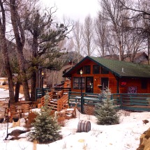 The very cute "Coffee on the Rocks" cafe we stopped by on the way to Estes Park. It had a whole frozen river and sort of forest behind it.